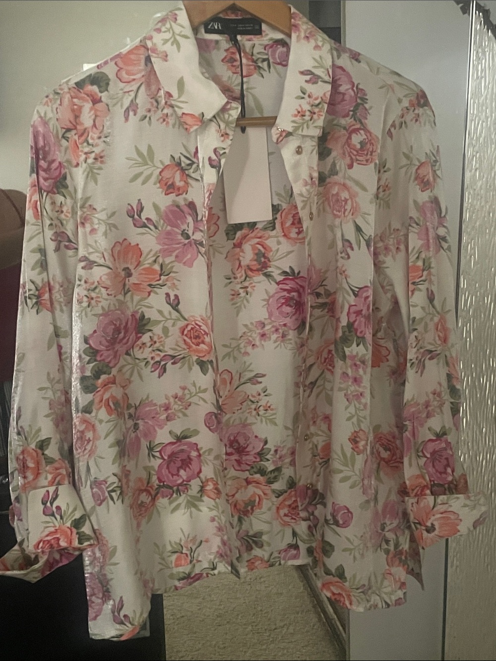 Zara White Floral Button-Down Shirt with Pink & Orange Blossoms